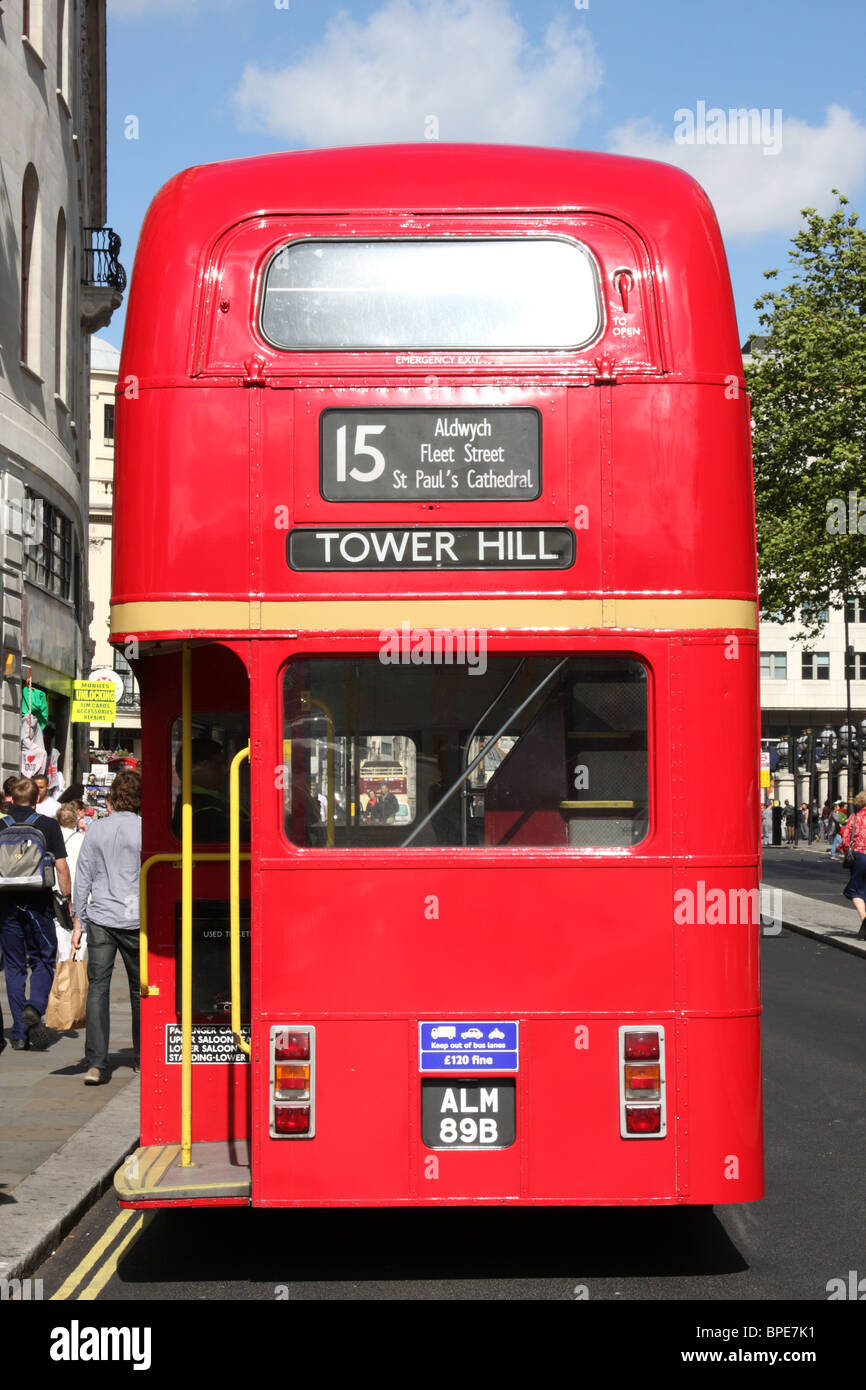 A red London Routemaster bus on a London street. Stock Photo