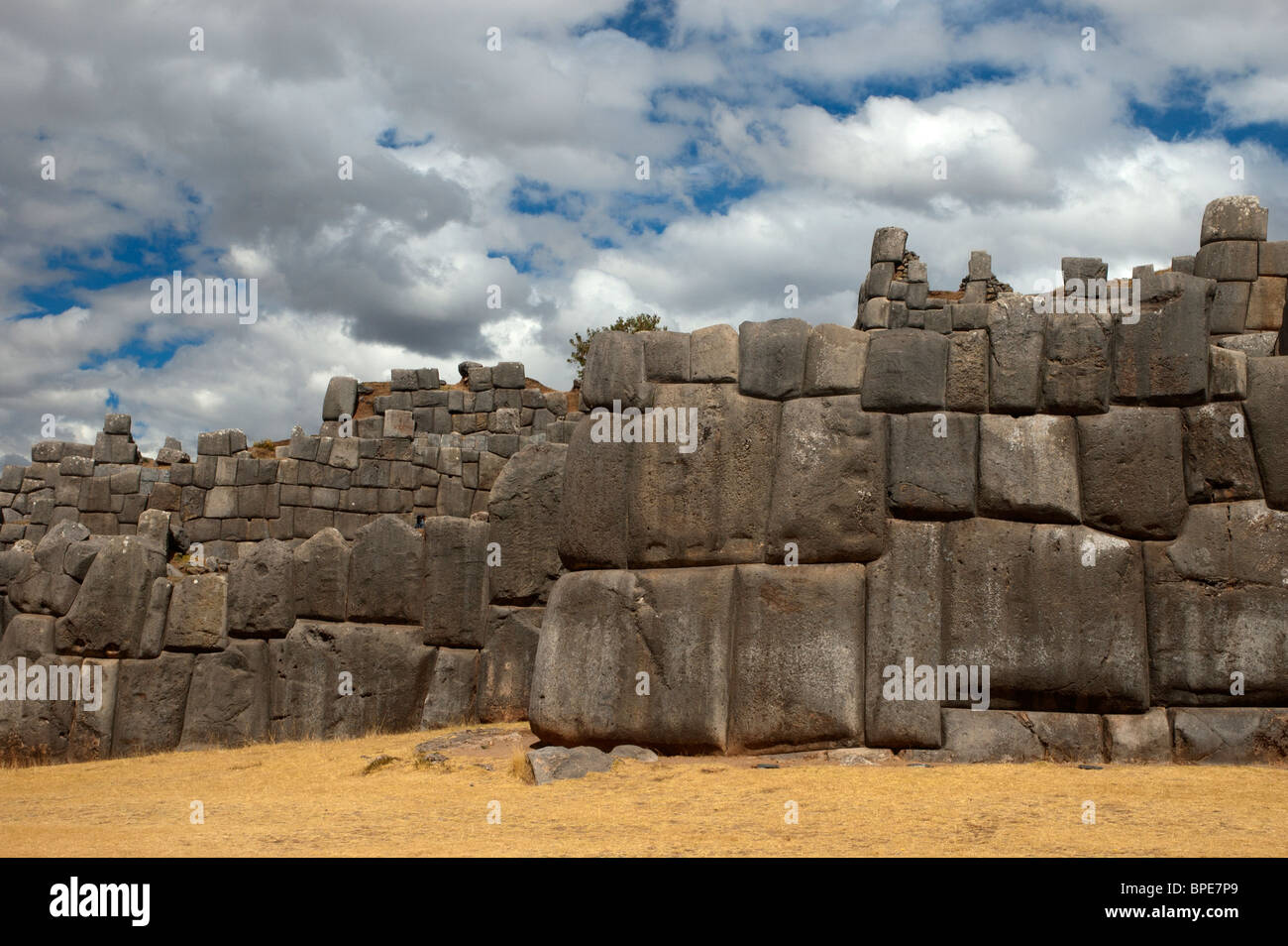 Huge stone walls, at the Inca ruins of Sacsayhuaman, near Cusco, Peru. Stock Photo