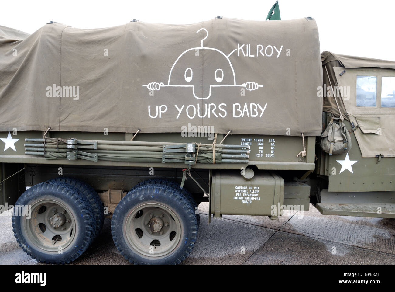 Us military truck with Killroy graffiti Stock Photo