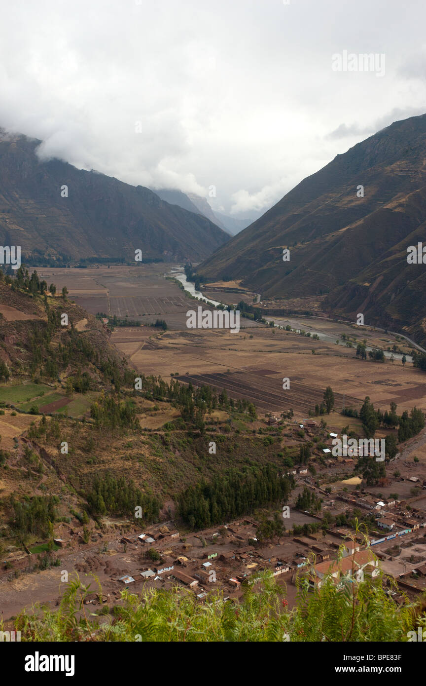 A view down the Sacred Valley, Rio Urubamba, near Pisac, Peru. Stock Photo