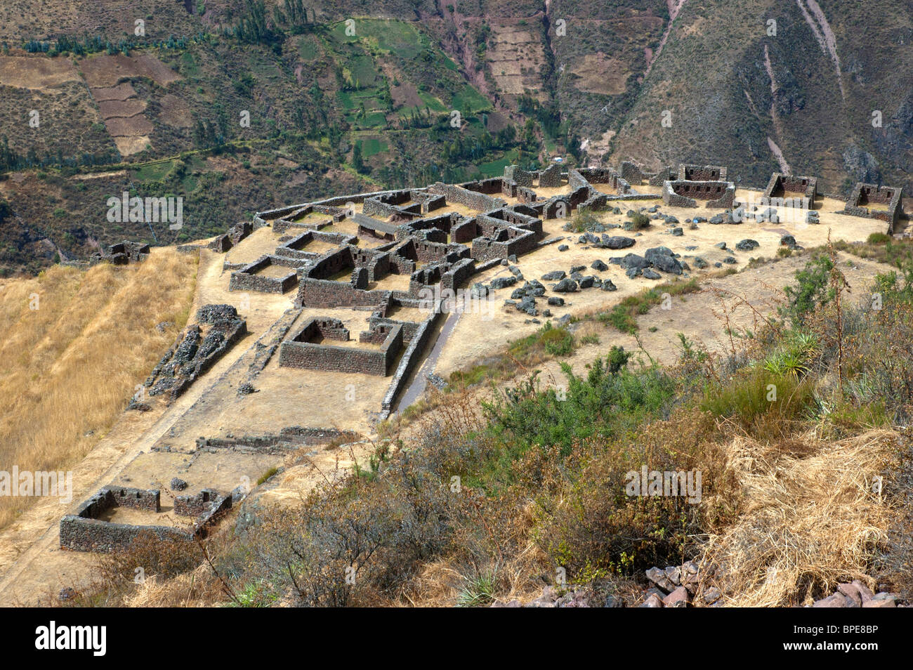 Restored Inca citadel ruins, on a hilltop overlooking Pisac, Sacred Valley, Peru. Stock Photo
