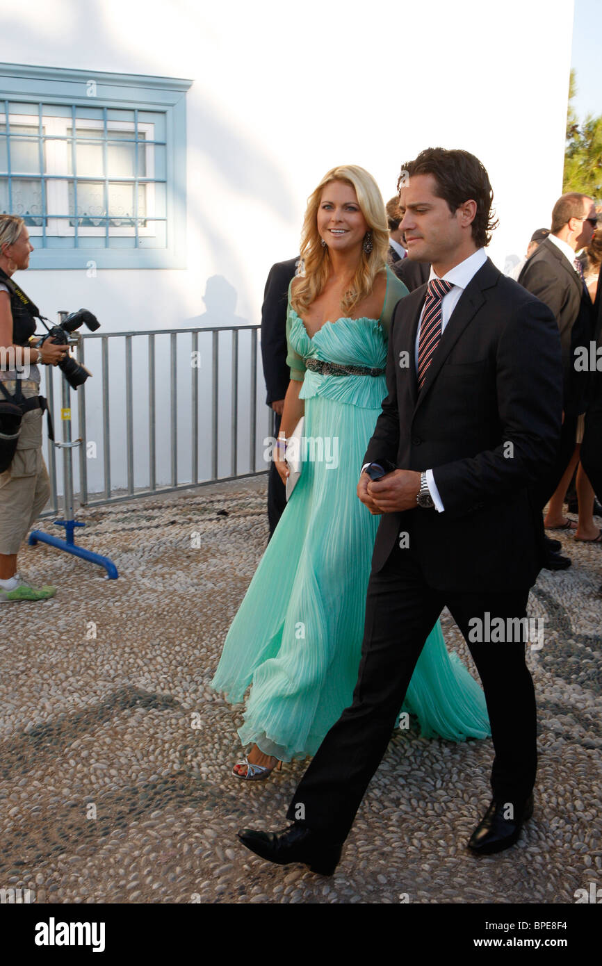 Princess Madeline of Sweden and Prince Carl Philip arrive for the wedding of Prince Nikolaos of Greece with Tatiana Blatnik in Spetses island. Stock Photo