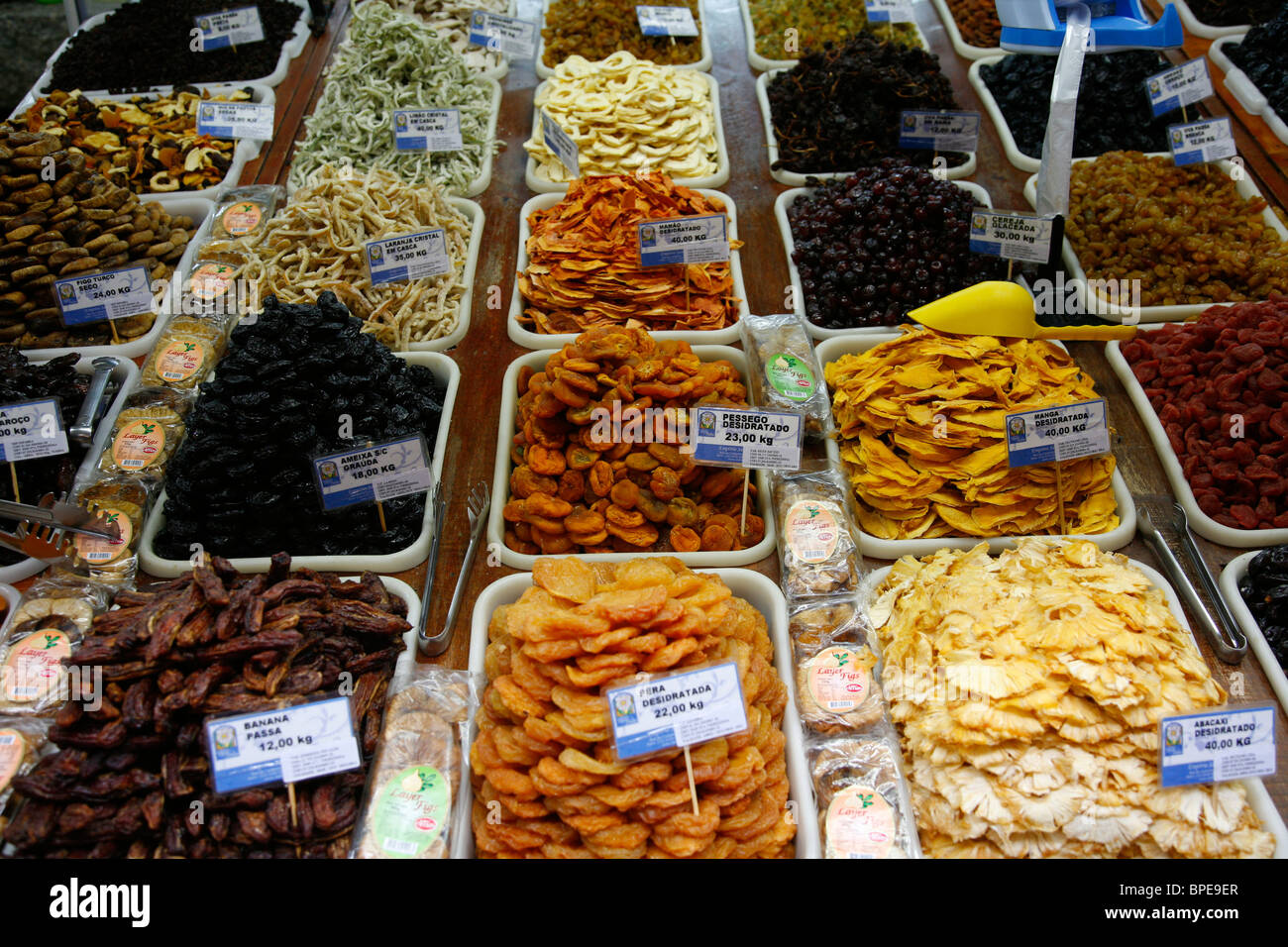 Dried fruits at Mercado Municipal, Sao Paulo, Brazil. Stock Photo