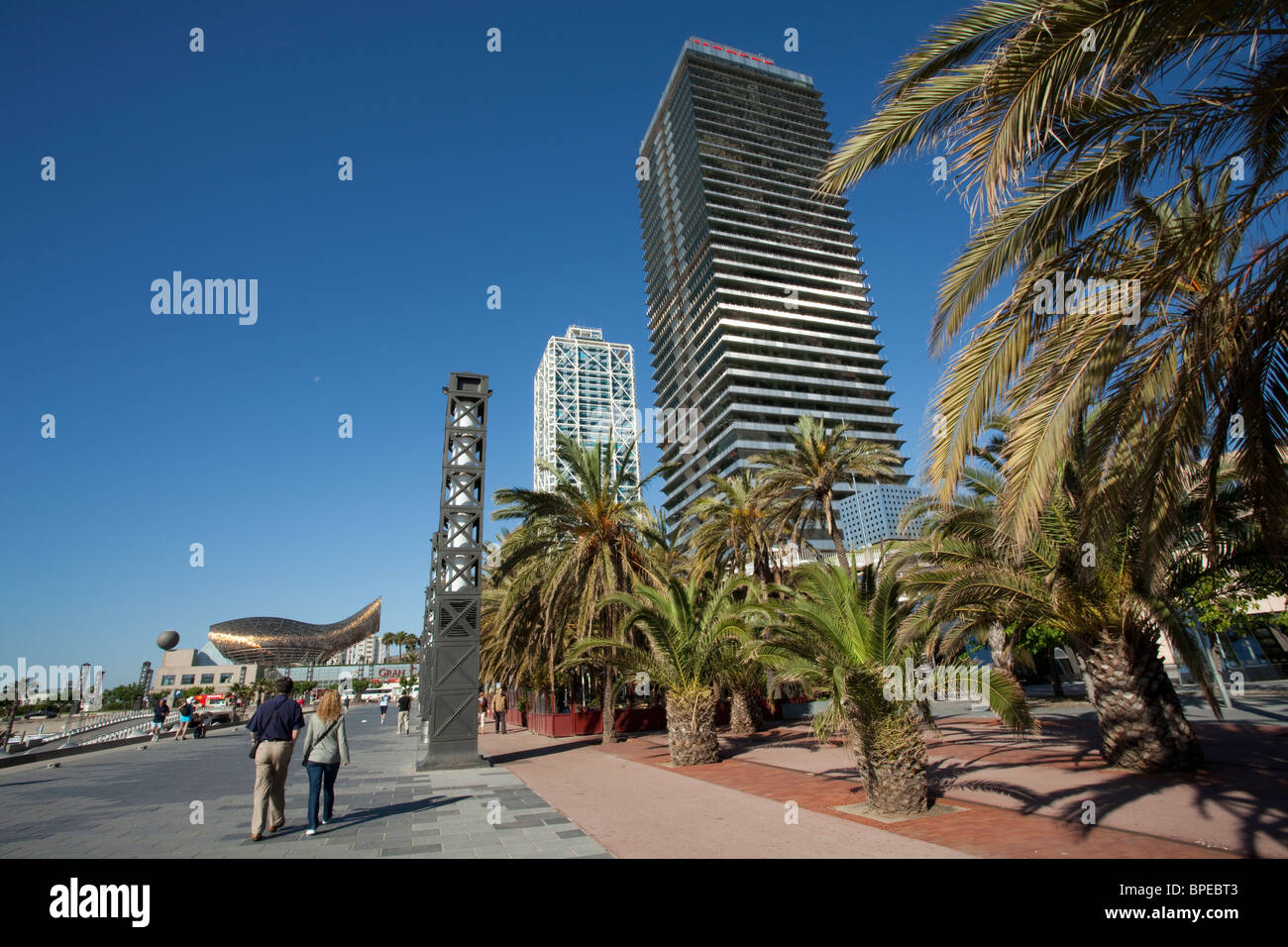 Barcelona Vila Olimpica esplanade by the Port Olimpic Stock Photo