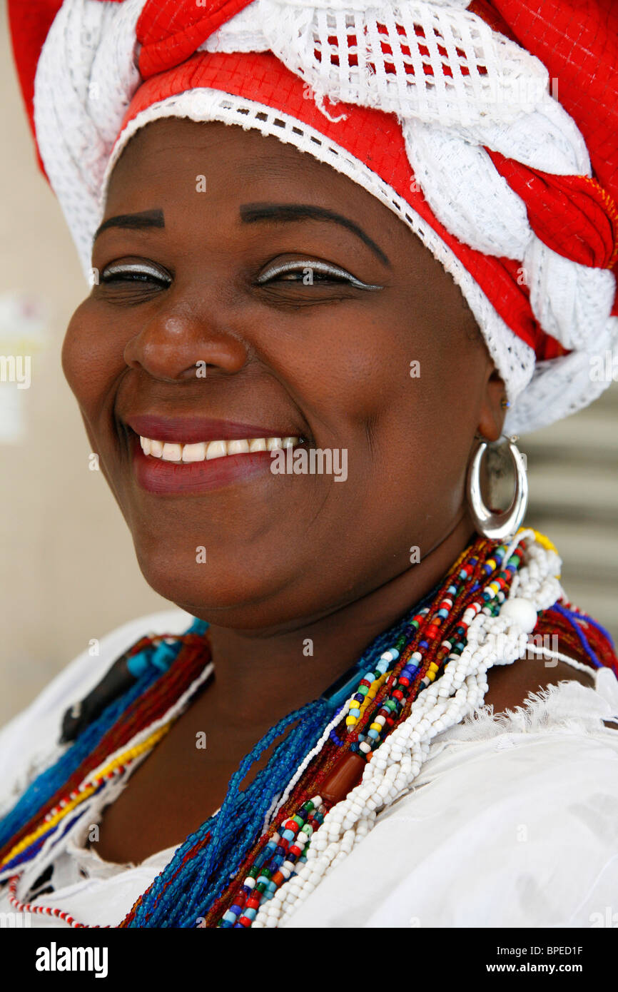 Portrait of a Bahian woman in traditional dress at the Pelourinho district, Salvador, Bahia, Brazil. Stock Photo