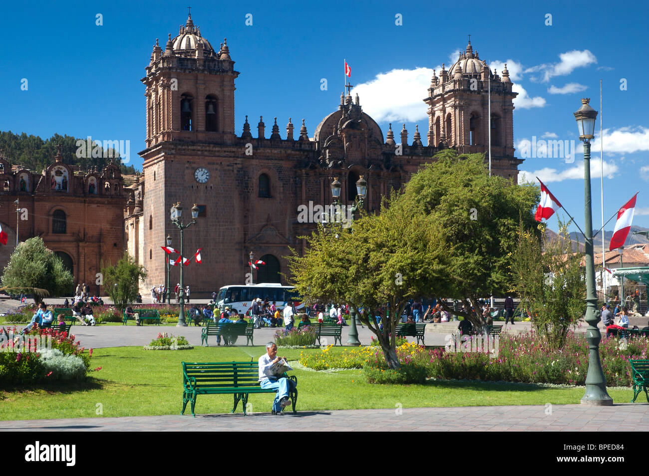 The Cathedral, La Catedral, dominates Plaza de Armas, or Mayors Plaza, in the center of Cusco, Peru. Stock Photo