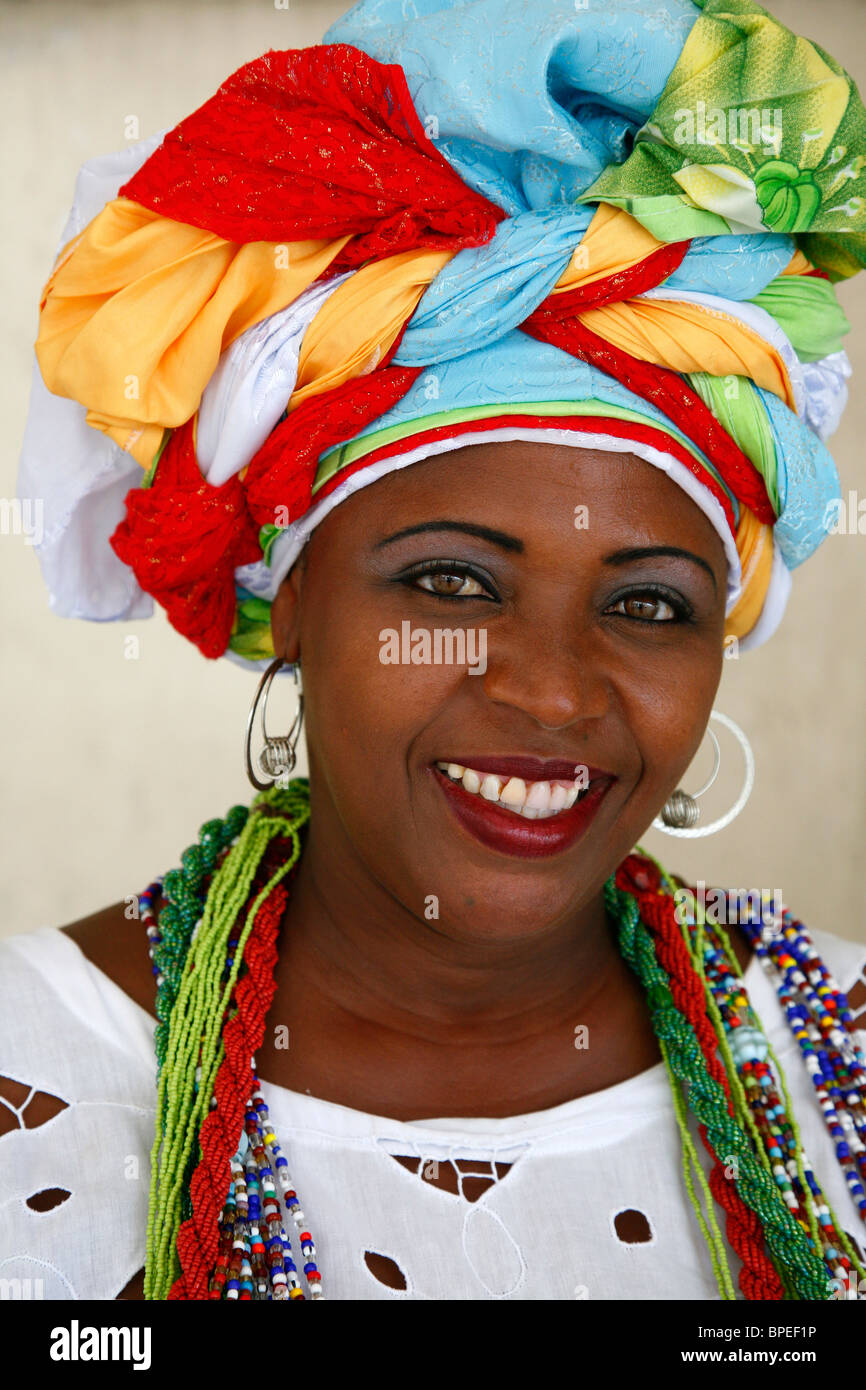Portrait of a Bahian woman in traditional dress at the Pelourinho Stock