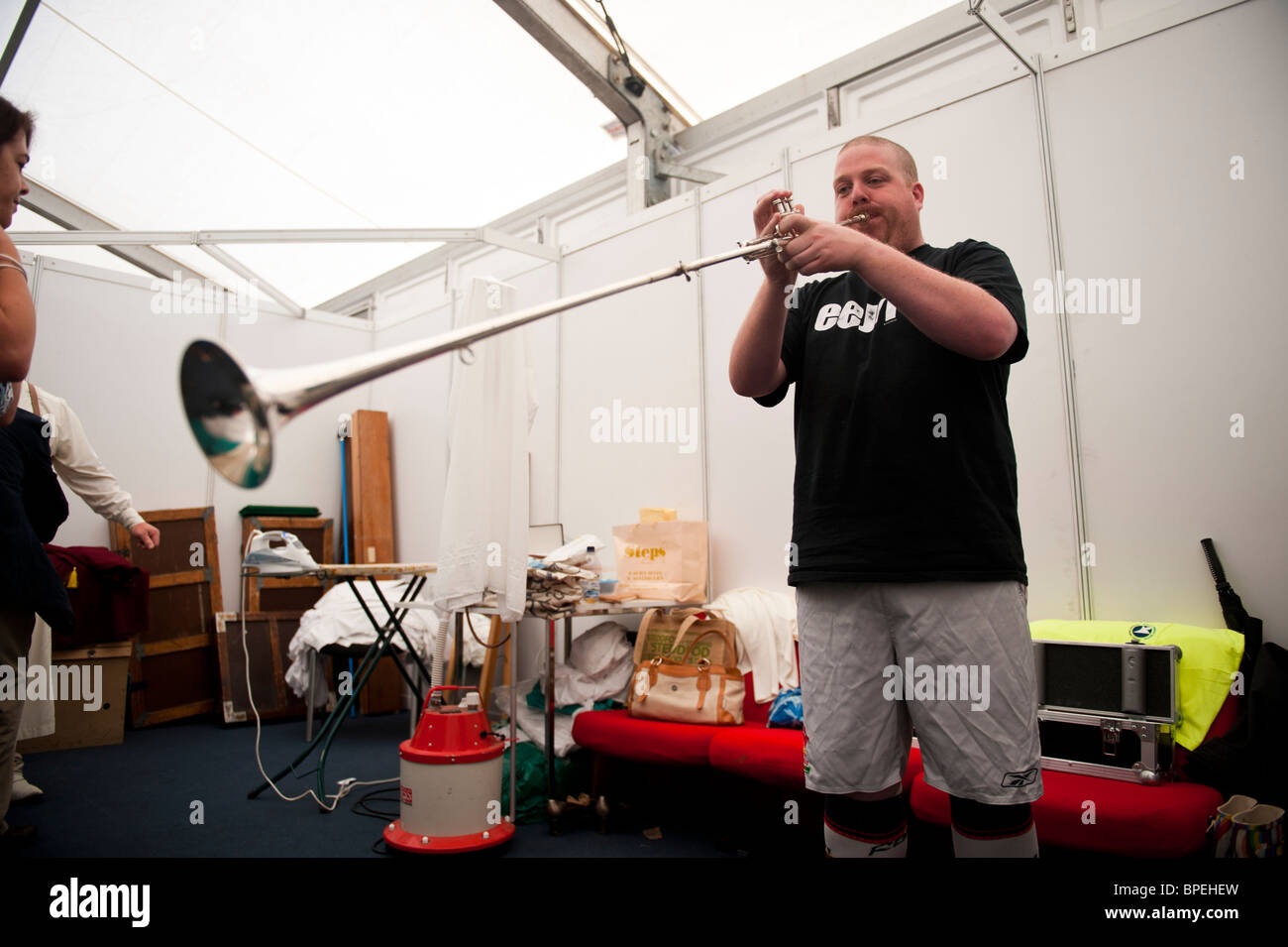 Behind the scenes at the National Eisteddfod of Wales, the Herald trumpeter warms up - Ebbw Vale 2010 Stock Photo