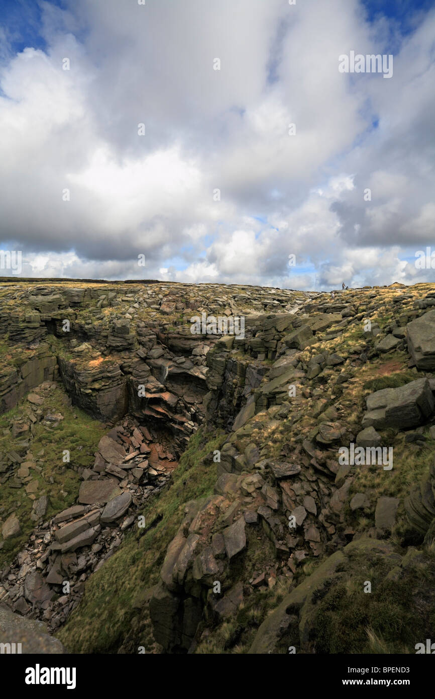 Walkers with a dog on the Pennine Way by Kinder Downfall on Kinder Scout, Derbyshire, Peak District National Park, England, UK. Stock Photo
