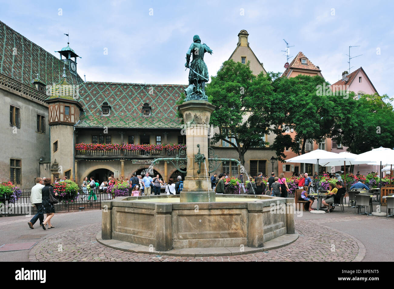 Fountain statue of Baron Lazare de Schwendi and Koifhus at the Place de l´Ancienne Douane, Colmar, Alsace, France Stock Photo