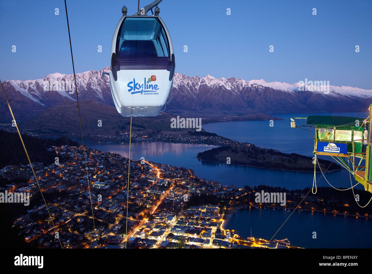 Skyline Gondola and Bungy at Dusk, Queenstown, South Island, New Zealand Stock Photo