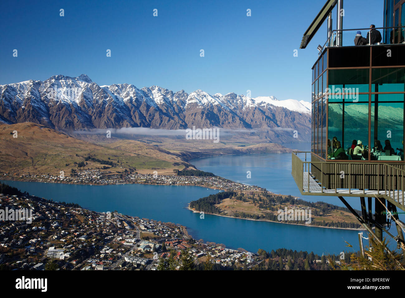 Skyline Restaurant, The Remarkables and Lake Wakatipu, Queenstown, South Island, New Zealand Stock Photo
