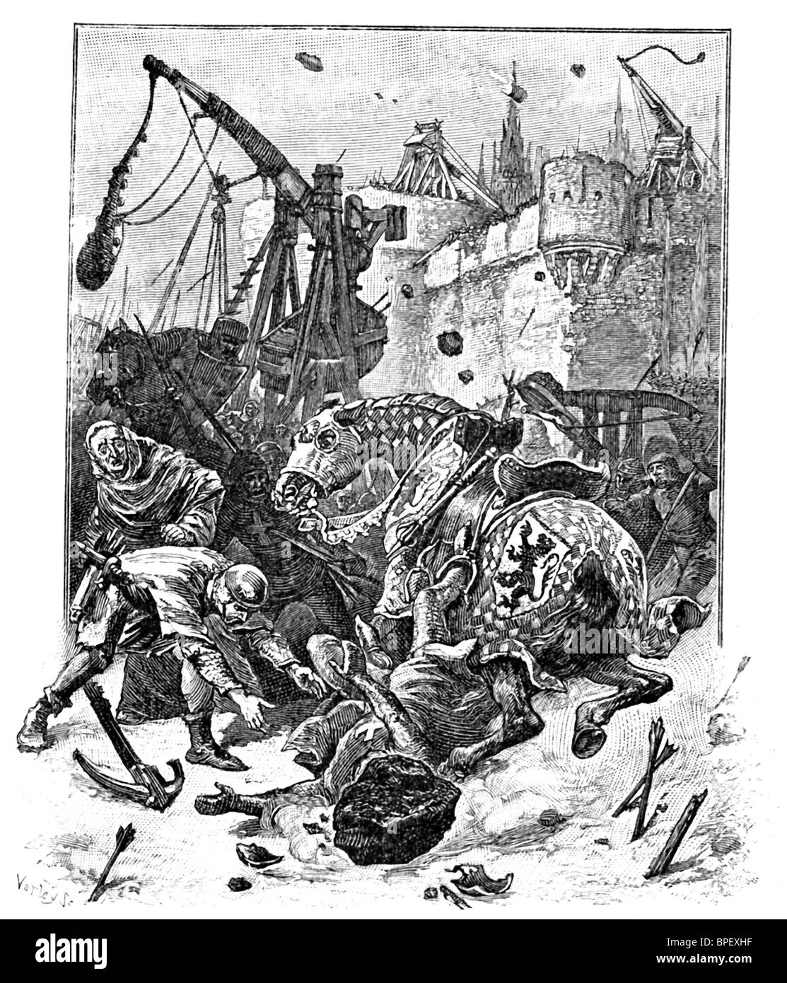 A medieval fortress town in Italy under siege, with both armies are  ballistae. Stock Photo