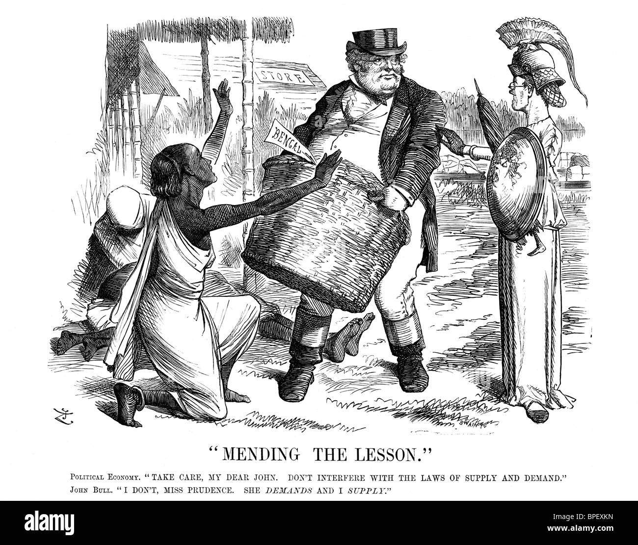 Punch, a British weekly magazine with humor and satire, included this political cartoon in December  20, 1873, about economy . Stock Photo