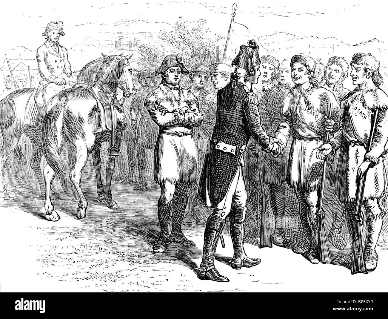 George Washington greets the regiment from the Shenandoah Valley in Virginia in Boston, Massachusetts,  in January 1776. Stock Photo