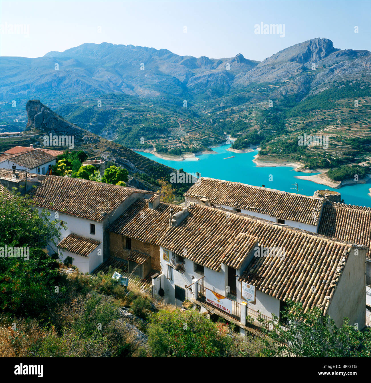 View over the Moorish mountaintop village of Guadalest, near Benidorm, Costa Blanca, Spain Stock Photo