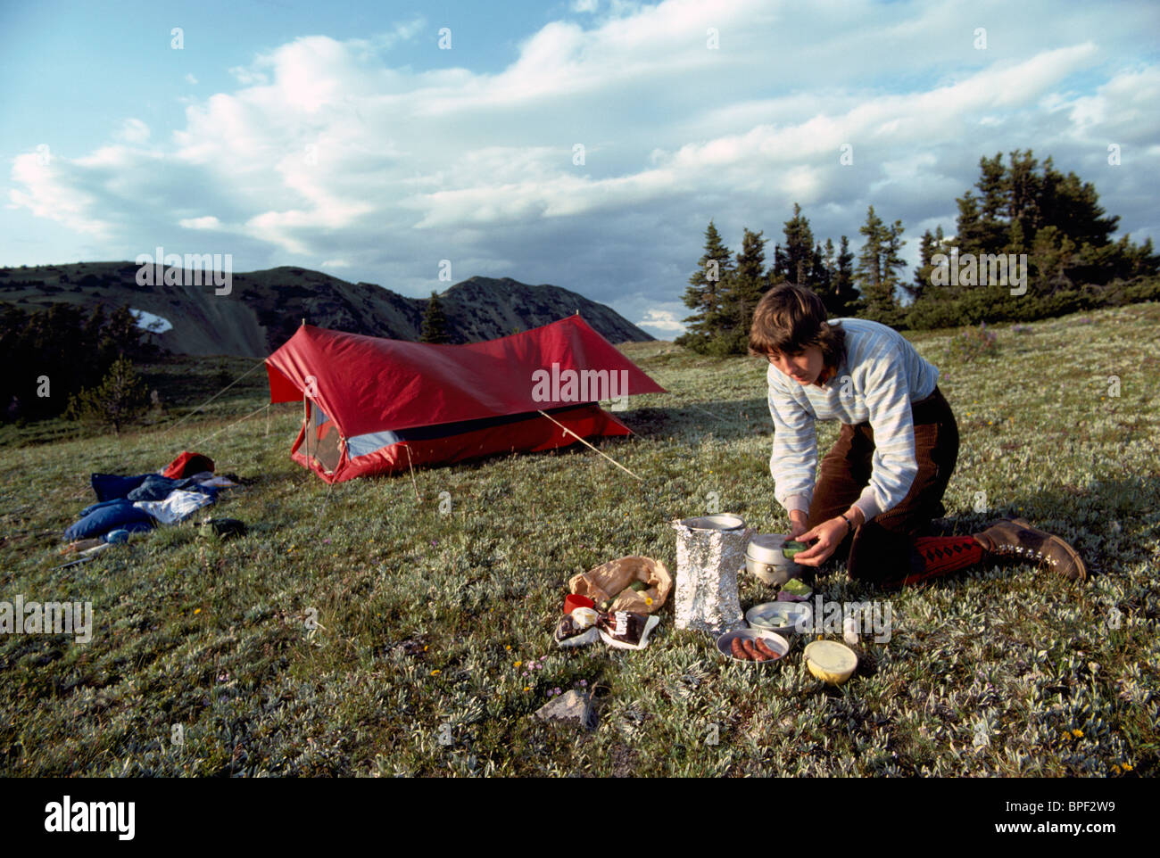 Wilderness Camping, Camper making Alpine Meal in Cascade Mountains