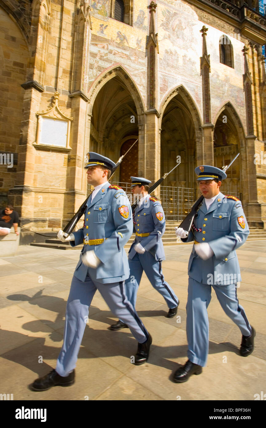 Soldiers at Prague Castle marching to change the guard. Stock Photo