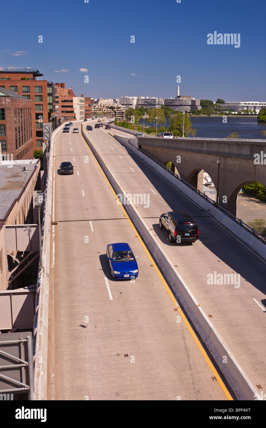 WASHINGTON, DC, USA - elevated Whitehurst Freeway passes by Georgetown. Stock Photo