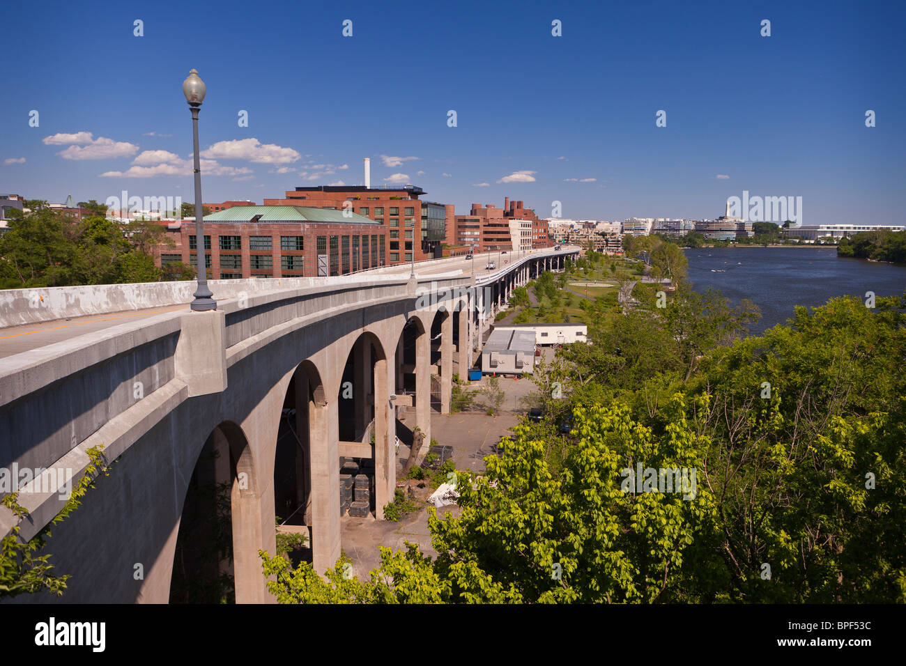 WASHINGTON, DC, USA - elevated Whitehurst Freeway passes by Georgetown and the Potomac River. Stock Photo