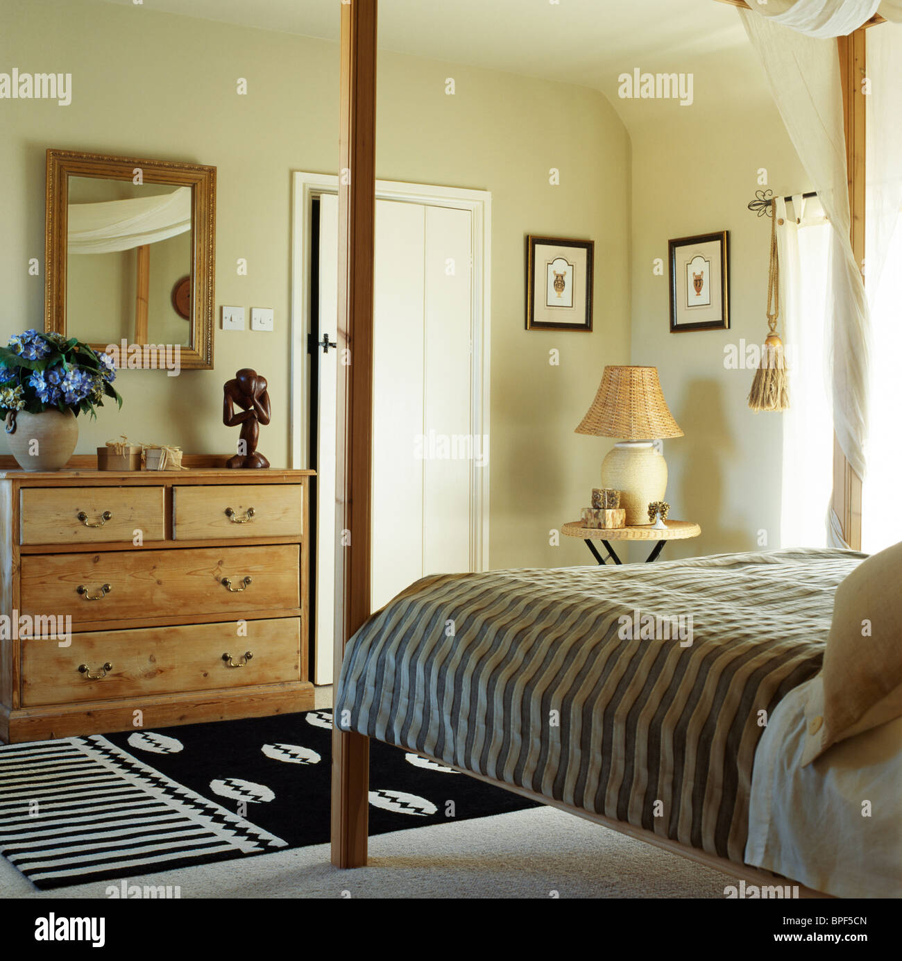 Pale Wood Chest Of Drawers In Cream Bedroom With Striped Gray