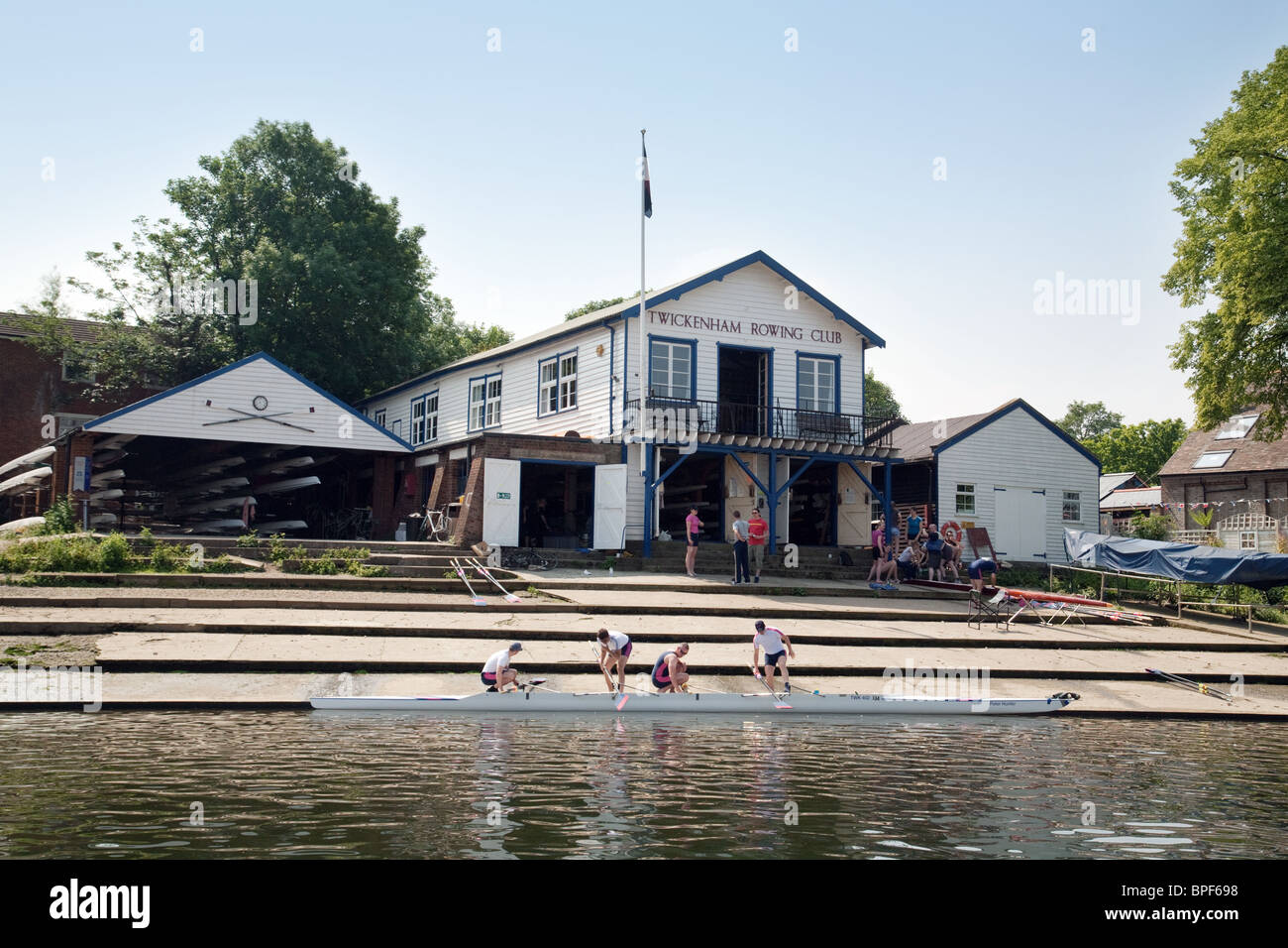 Twickenham rowing club on the river Thames at Eel Pie island, Twickenham London UK Stock Photo