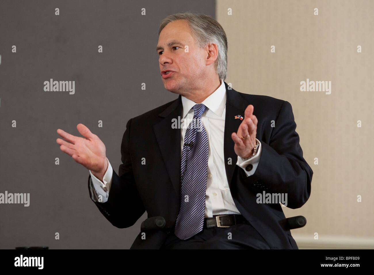 Texas Attorney General Greg Abbott on stage at a questionandanswer
