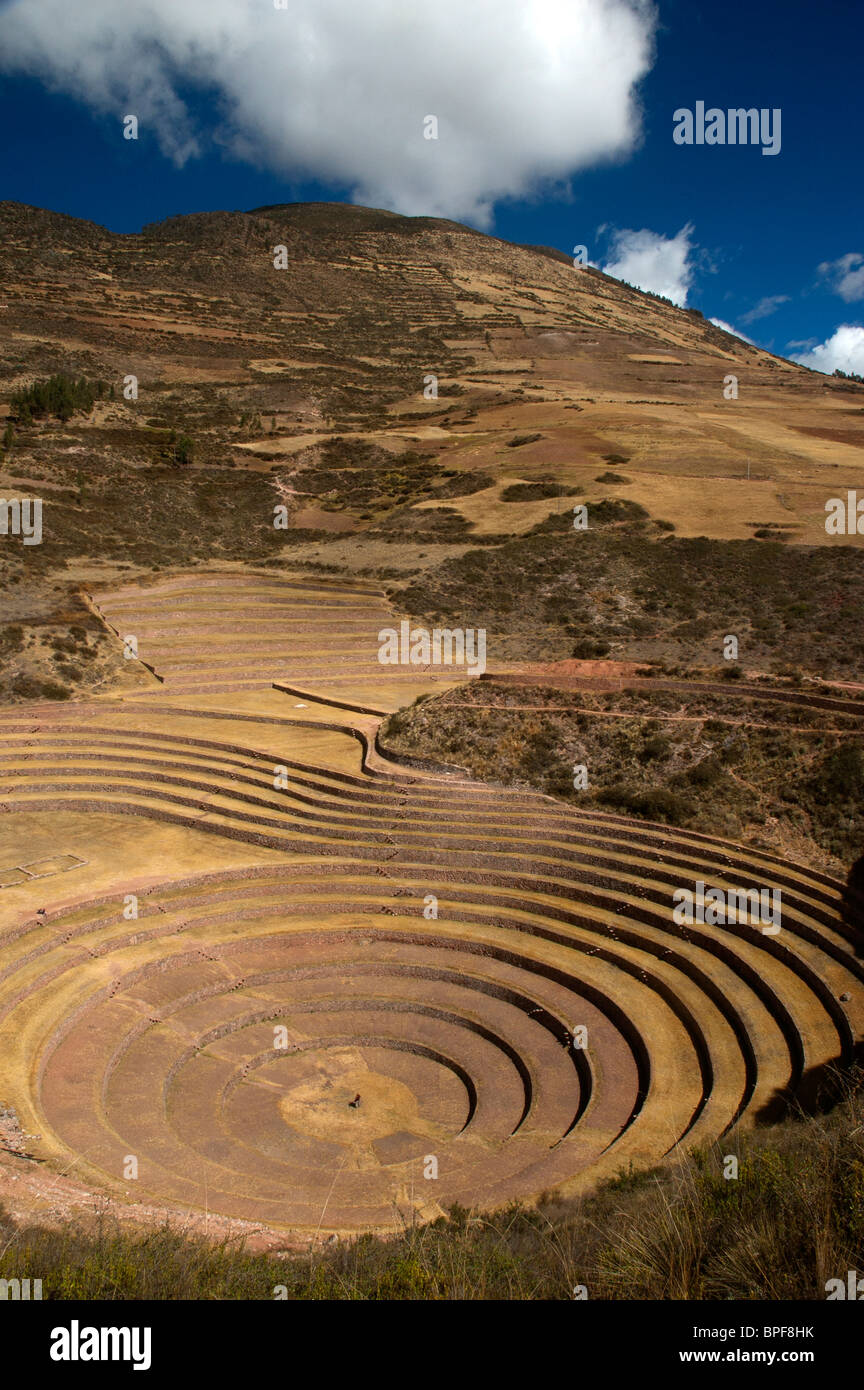 Deeply excavated crop laboratory was constructed by the Inca to determine climate for growing crops, Moray, Sacred Valley, Peru. Stock Photo