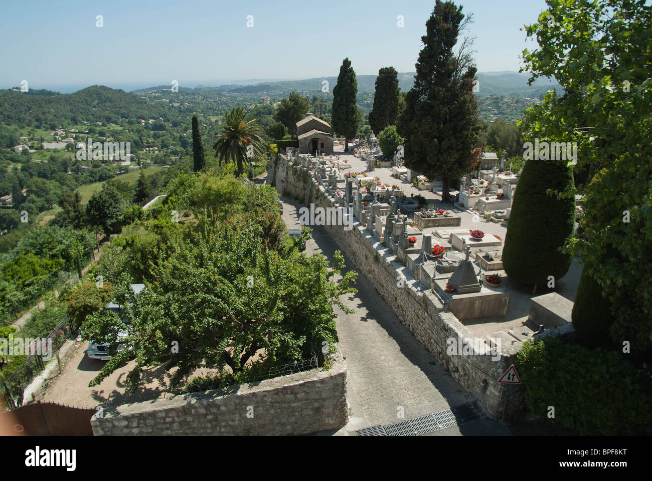 Vie of the hilltop cemetary in St. Paul De Vence. Stock Photo