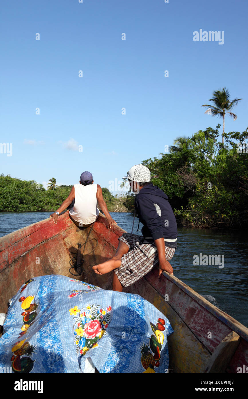 Kuna dugout wooden canoe on River Carti Grande , Comarca de San Blas , Panama Stock Photo