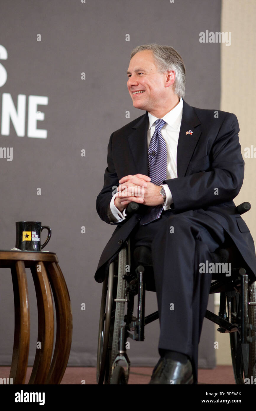 Texas Attorney General Greg Abbott on stage at a questionandanswer