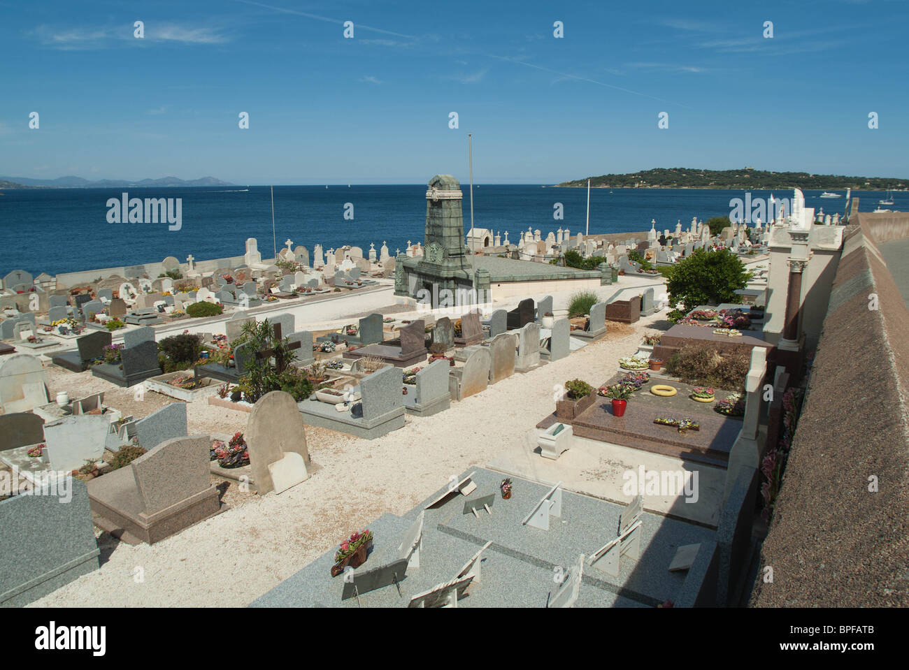 The cemetary in St. Tropez is close to the tourist area and has a beutiful view of the surrounding harbour. Stock Photo