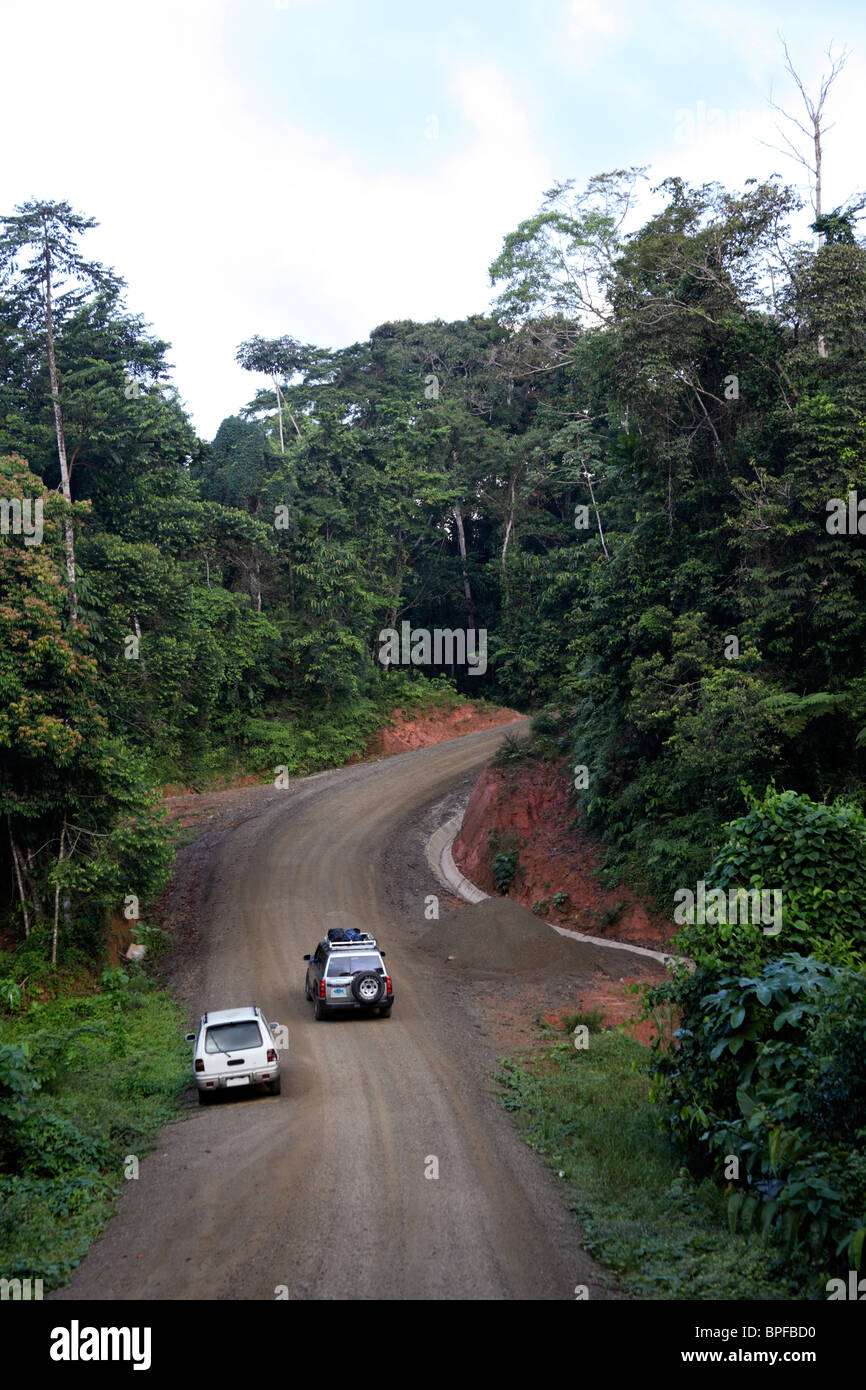Jeeps on the road to Carti cut through cloud forest in the Comarca de San Blas , Panama Stock Photo
