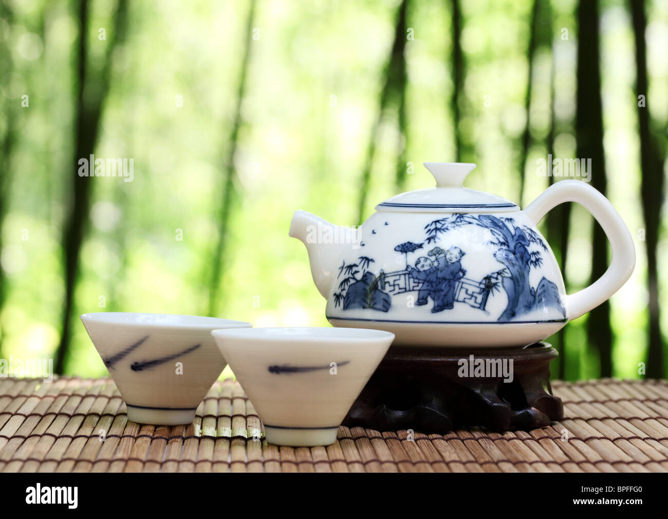 Asian tea set in nature,Closeup. Stock Photo