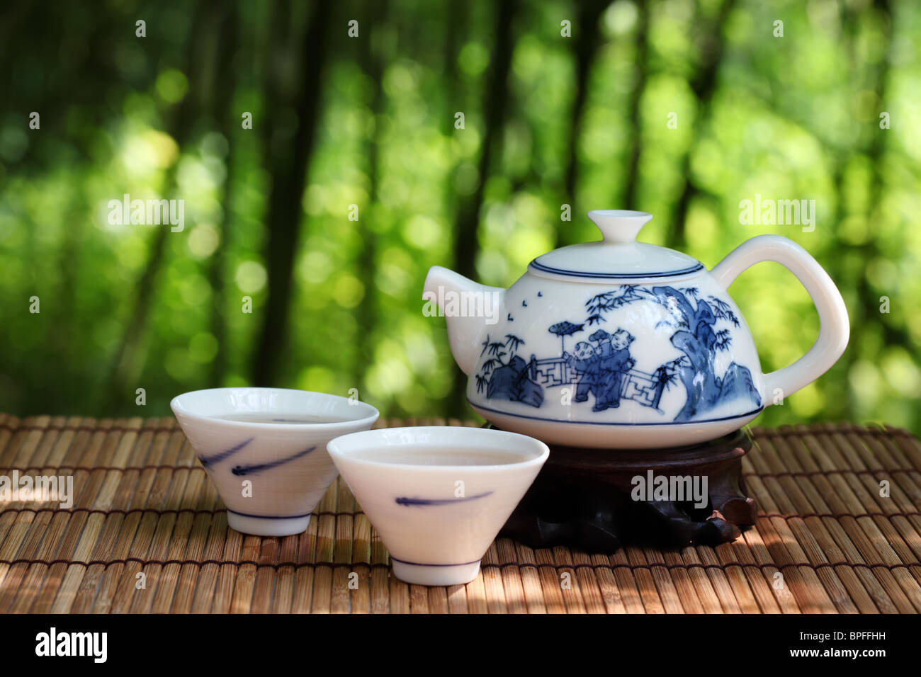 Asian tea set in nature,Closeup. Stock Photo