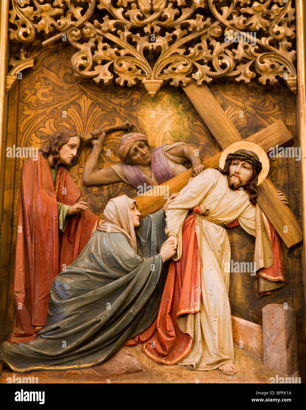 Bratislava - detail of gothic altar from st. Martins cathedral - Jesus and hl. Mary on the cross-way Stock Photo