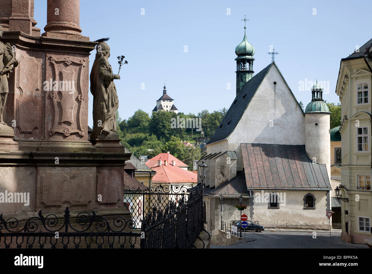 Banska Stiavnica - st. Trinity square - Katharine church and New castle Stock Photo