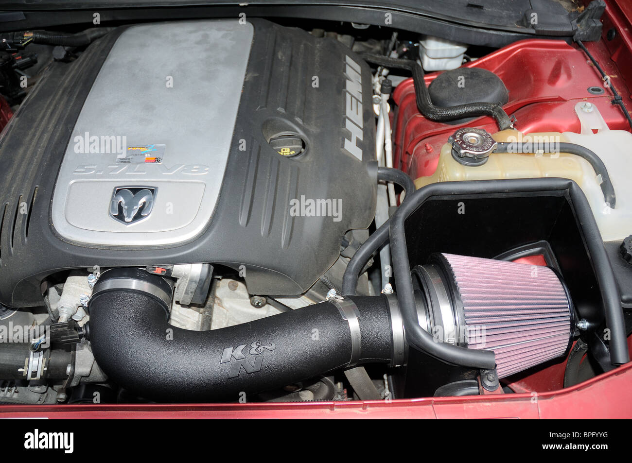 Cold air intake installed on a Dodge Charger Hemi V8 engine Stock
