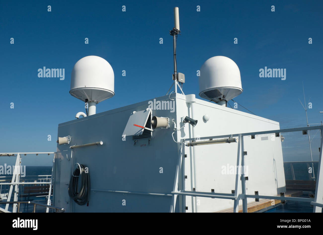 Communication antennas onboard a passenger cruise ship Stock Photo