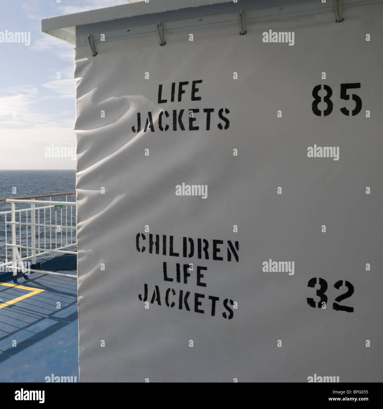 Life jackets storage onboard a cruise ferry Stock Photo