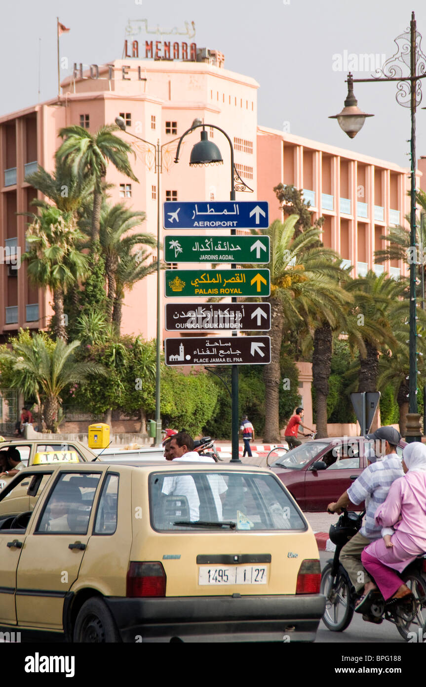Traffic in central Marrakech, Morocco  along Avenue Mohammed V, near to La Menara Hotel Stock Photo