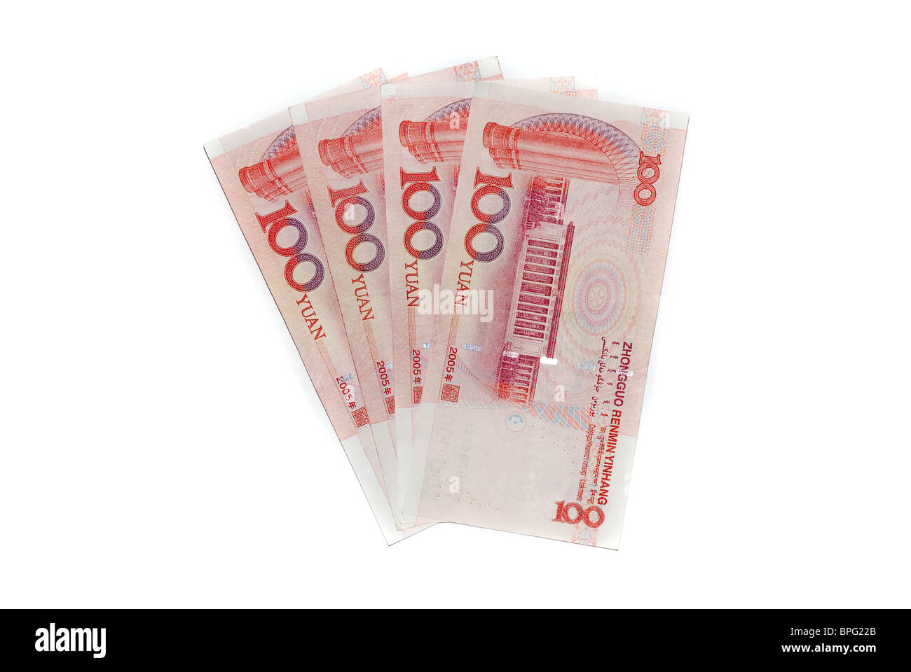 100 Renminbi Yuan Chinese currency notes isolated on a white background