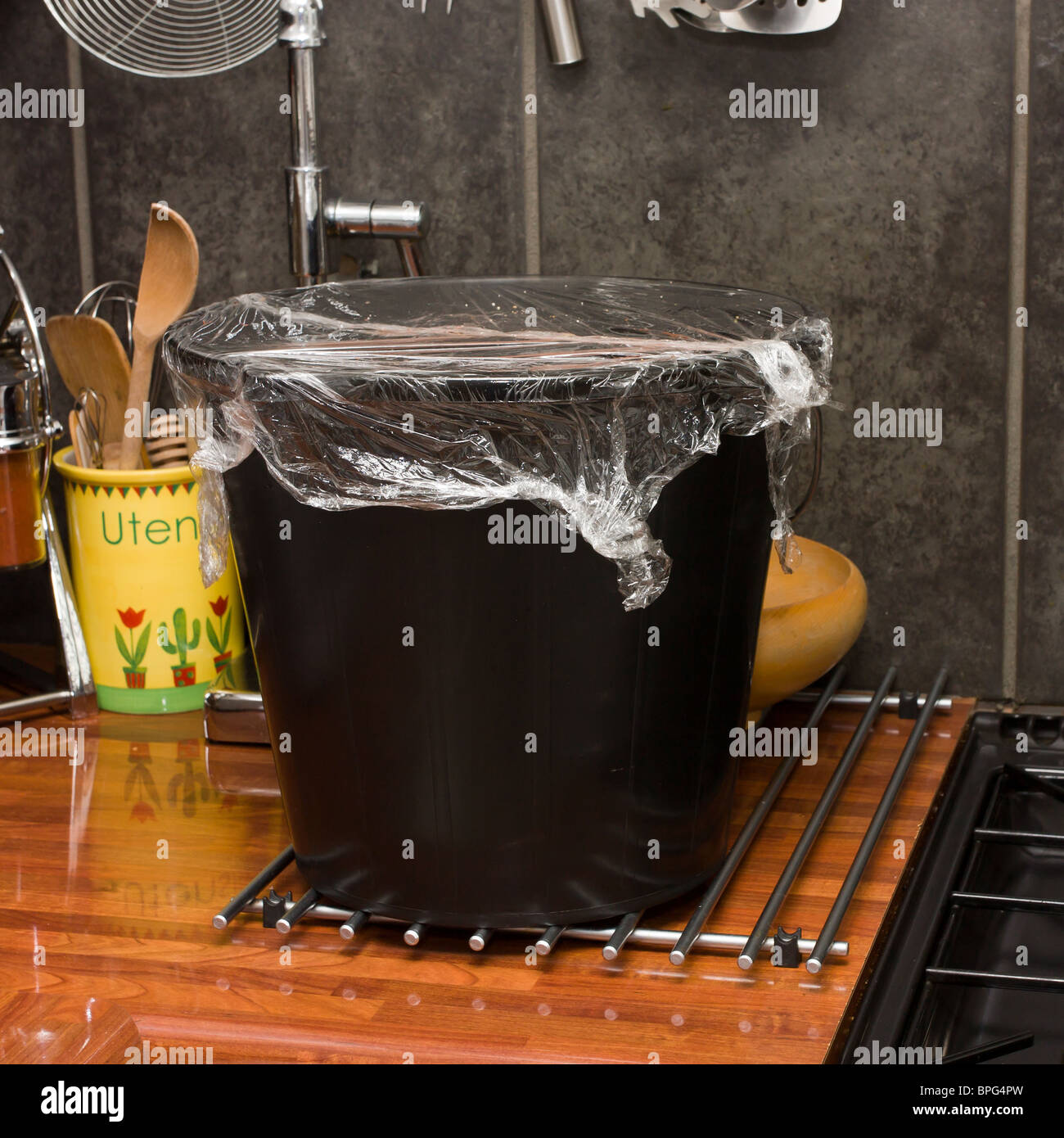 Home made Rowan berry wine fermenting in bucket covered with plastic