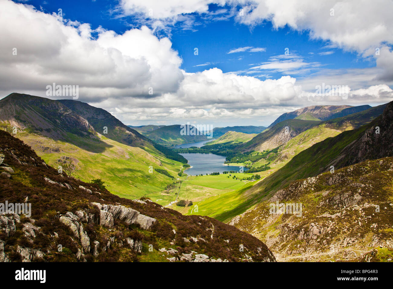 View over Buttermere & Crummock Water from the Haystacks path, Lake District National Park, Cumbria, England, UK Stock Photo