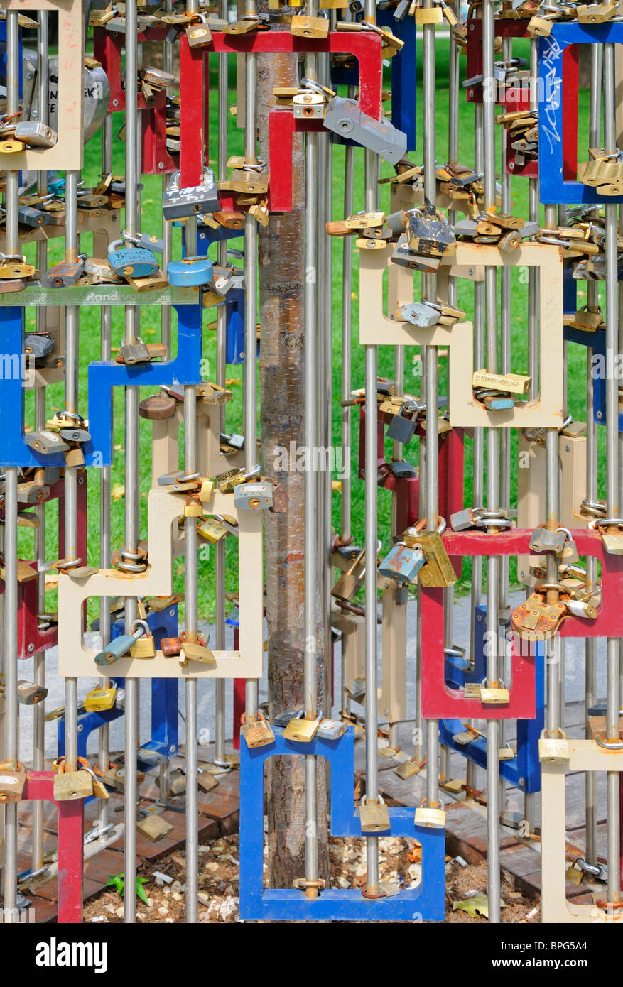 Budapest, Hungary. Love padlocks in Erszebert ter (square Stock Photo