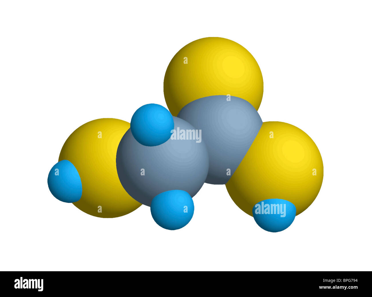 Glycolic acid (hydroxyacetic acid) molecular model: Carbon: grey; Oxygen: yellow; Hydrogen: blue. Stock Photo