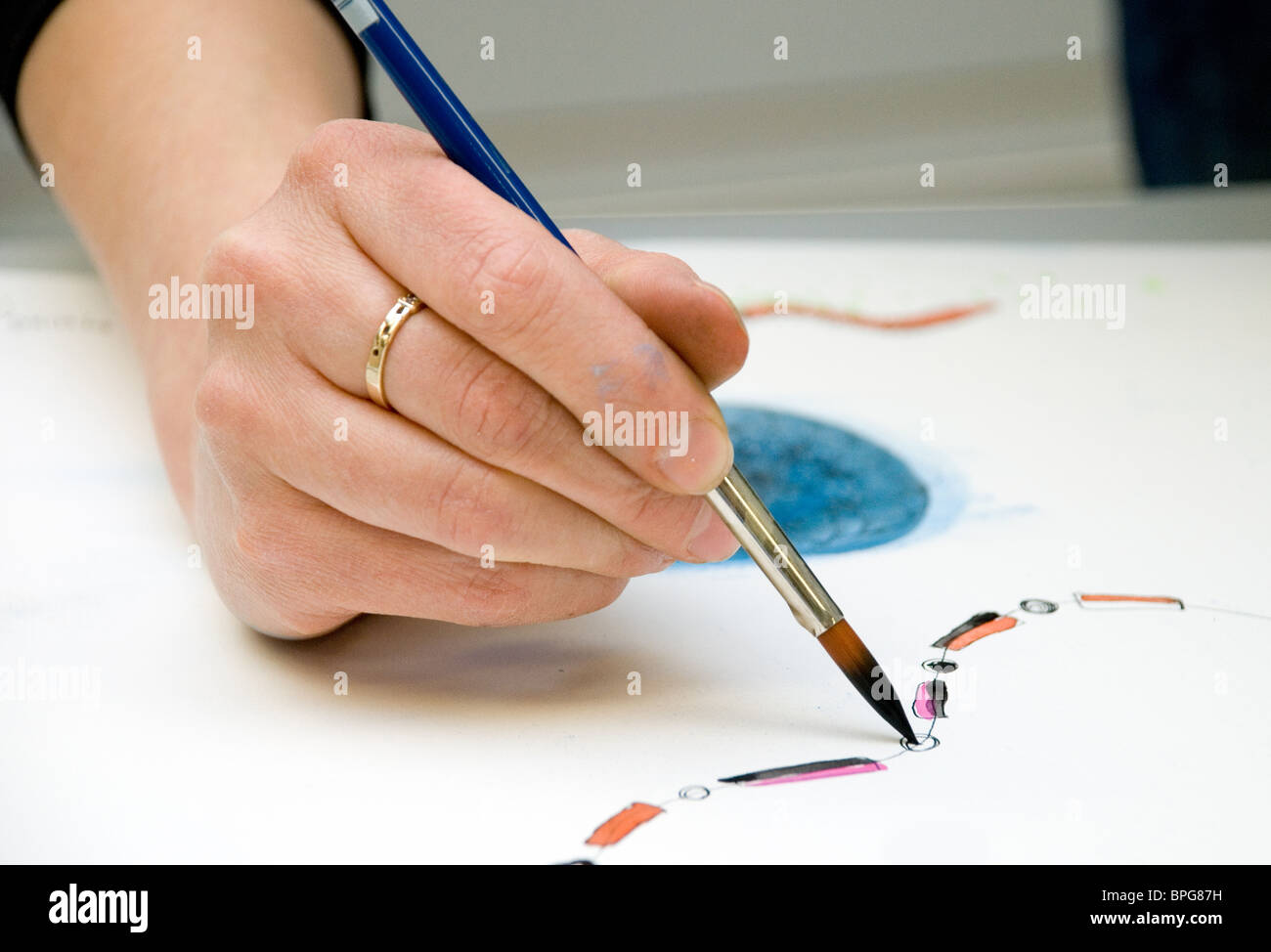 artist's hand holding a paintbrush painting a picture Stock Photo Alamy