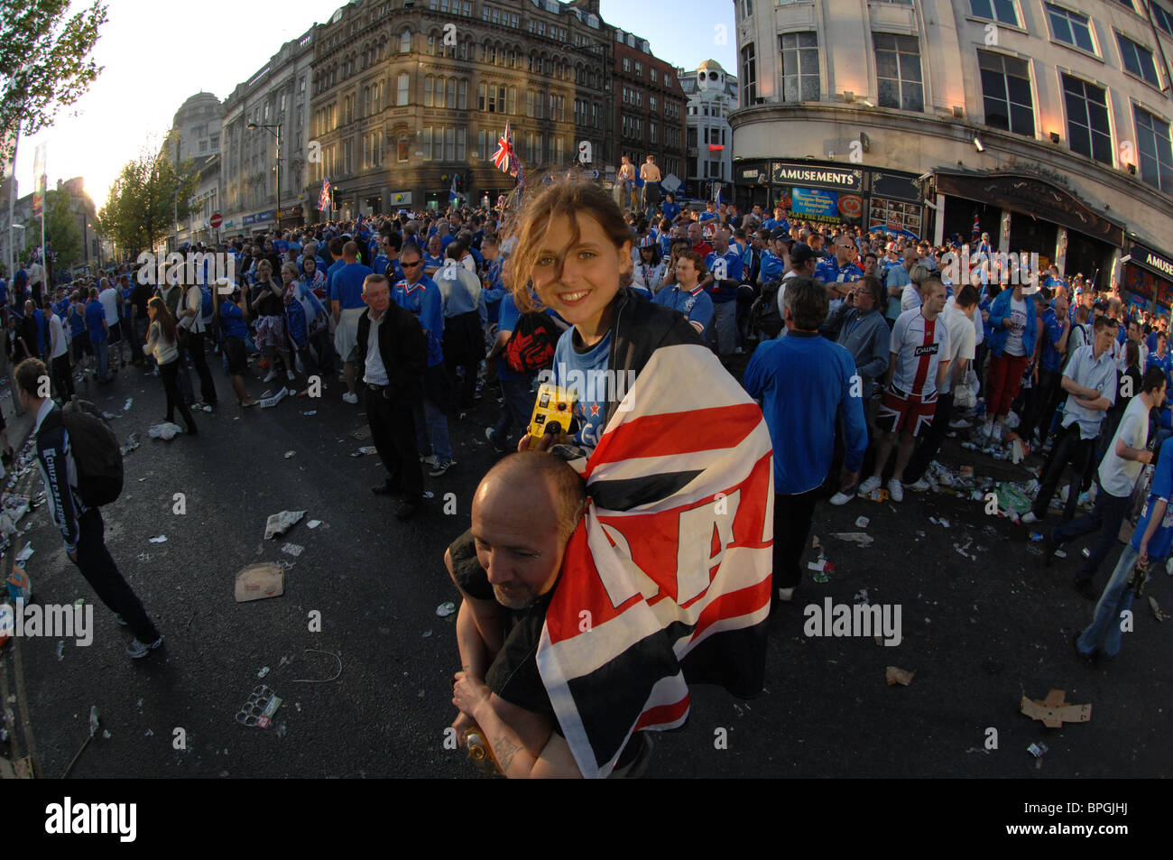 Young female Rangers football fan at the UEFA Cup Final 2008 in Manchester Stock Photo