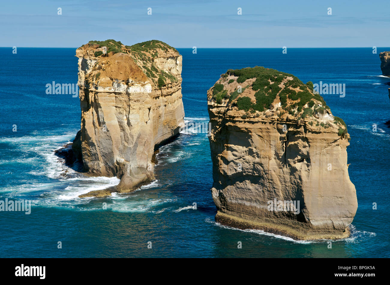 Two sea stacks Loch Ard Gorge Port Campbell National Park Great Ocean Road Victoria Australia Stock Photo