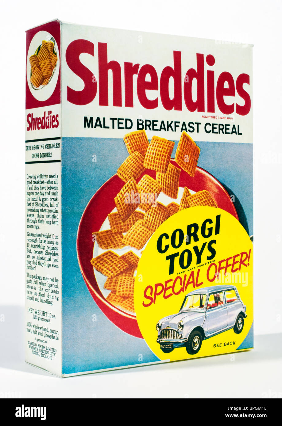 Nineteen sixties box of Shreddies Malted Breakfast Cereal with Corgi Model Car Special Offer Stock Photo